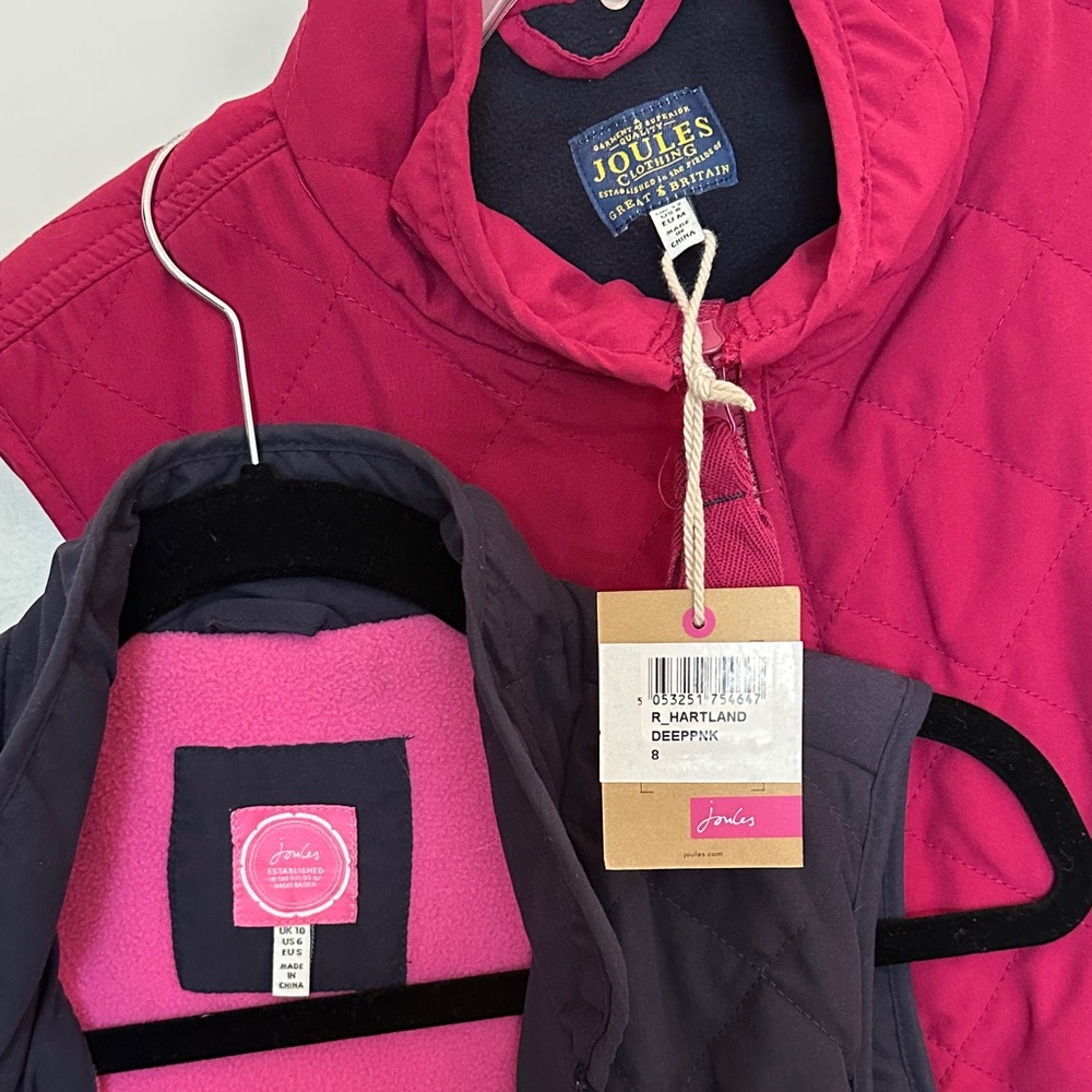 Set of 2 Joules quilted/fleece vests EUC navy US6 & NWT pink US8